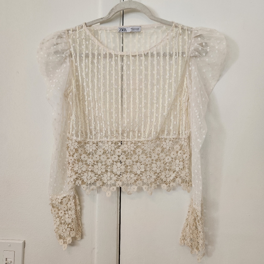 Zara Cream Cropped Embellished Blouse